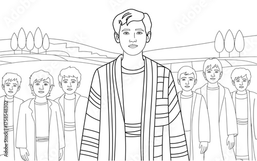 Illustration of joseph and his brothers in black and white, a vector illustration of the story of joseph from the book of genesis