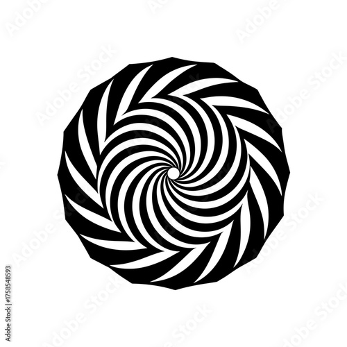 Black and white spiral optical art on transparent background silhouette