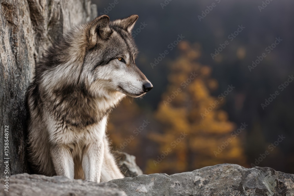 Obraz premium Wolf resting on rocky surface with rich fur featuring gray-brown colors and striking amber eyes, surrounded by blurred trees in autumn hues, conveying serenity and natural habitat