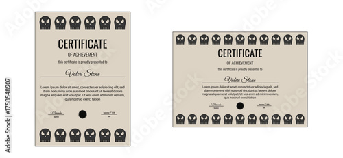 Gothcore Certificate set. Vector illustration of Gothic Certificate with simple skull frame collection isolated background. Vertical and horizontal Certificate diploma template design. EPS 10