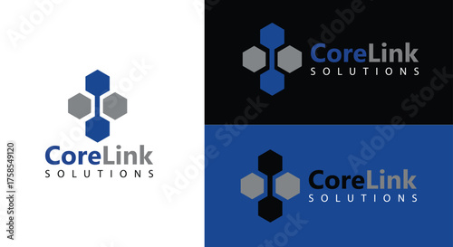 Core link solutions logo design with blue and grey hexagons for company branding