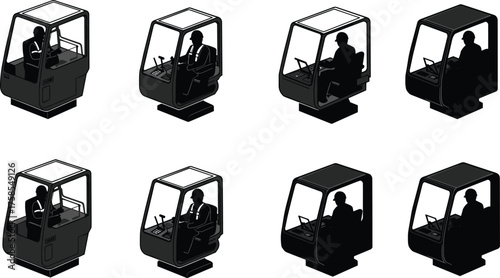 Silhouette crane operators seated inside enclosed cabin controls, industrial machinery cockpit workers operating heavy construction equipment, vector illustration of tower crane cabins