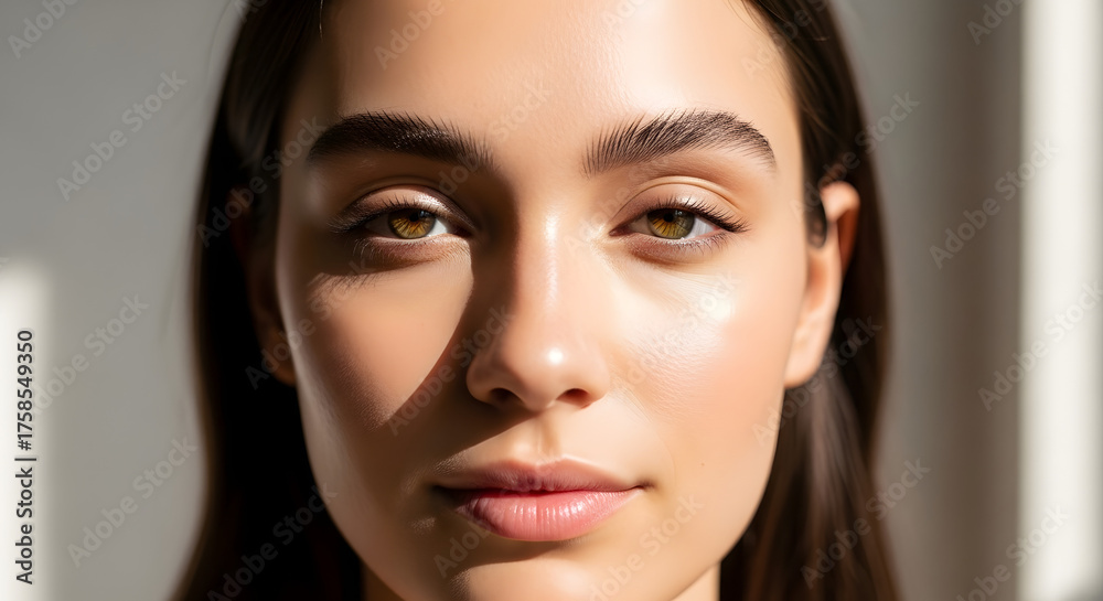 Fototapeta premium Close-up portrait of a young woman with radiant skin, illuminated by sunlight.