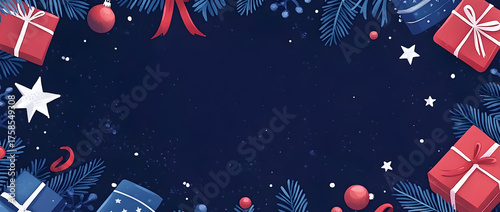 Christmas background with present boxes, decorations, and snowflakes on a dark blue background. Christmas card concept. 