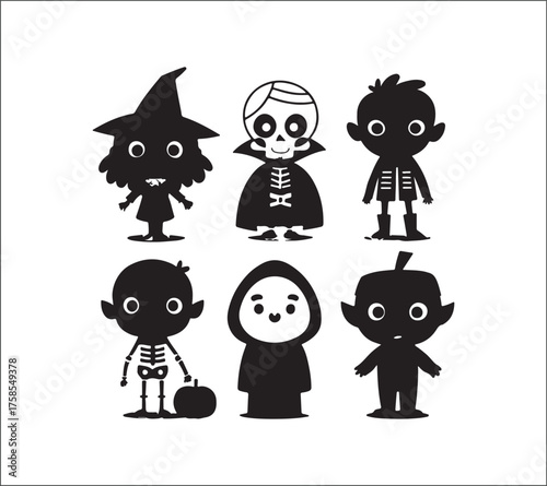 Six adorable cartoon Halloween characters in black and white