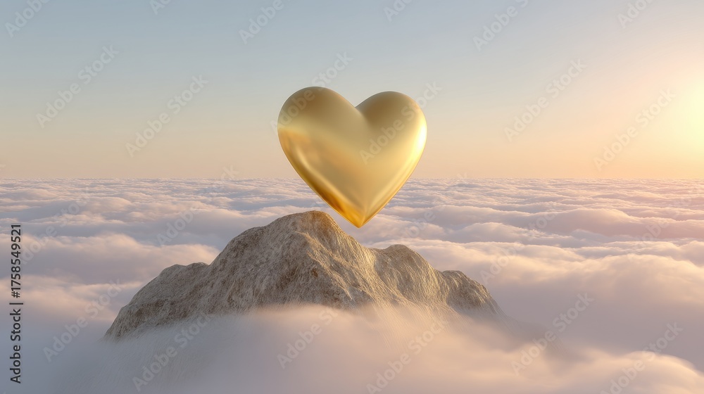 Fototapeta premium Glowing Golden Heart Above Clouds at Sunrise on Mountain Peak, Symbol of Love and Hope Amidst Tranquil Sky