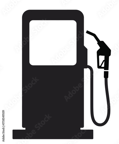 Minimalist black and white illustration of a gas pump and hose ready for refueling iconic vehicle energy station graphic silhouette vector illustration white background