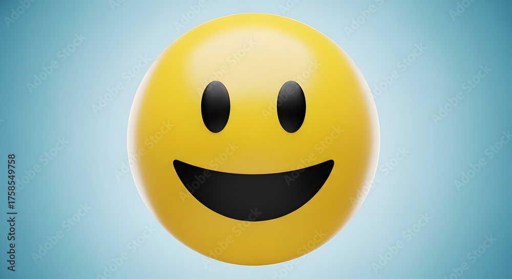 Fototapeta premium A cheerful yellow emoji with a wide smile against a blue background.