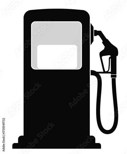 Minimalist black and white illustration of a vintage gas pump with fuel nozzle and hose silhouette vector illustration white background