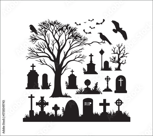 Spooky Halloween cemetery silhouette with bare tree and flying birds