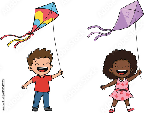 Happy children flying colorful kites in open sky, smiling kids enjoying outdoor fun activity, cartoon illustration of joyful playtime