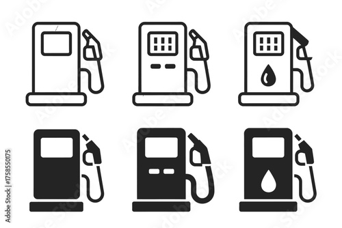 Set of six minimalist black and white gas pump icons versatile vector graphics for eps format silhouette vector illustration white background