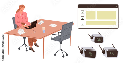 Woman typing on a laptop at a desk with papers and a water bottle, checklist UI on screen. USB devices on separate table show tech visuals. Ideal for productivity, organization, teamwork, remote