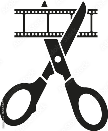 Minimalist black and white vector icon of scissors cutting film strip for video editing and production silhouette vector illustration white background