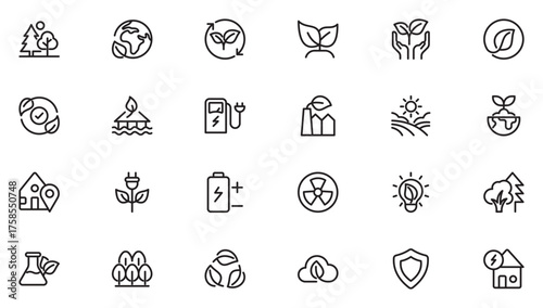 Nature And Environment Icon Set. A vibrant collection of icons promoting sustainability and eco-friendliness, environmental awareness. Thin outline icons pack. Vector illustration