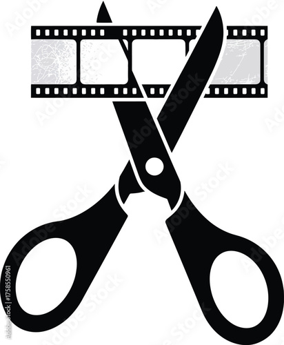 Minimalist vector illustration of scissors cutting film strip iconic symbol for editing and filmmaking silhouette vector illustration white background