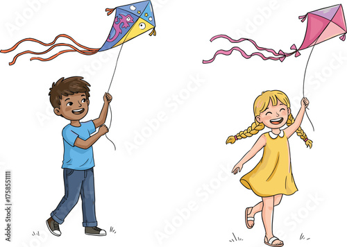Happy kids flying colorful kites in open sky, cheerful children enjoying outdoor activity, cartoon illustration of fun summer playtime