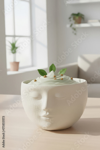 modern ceramic bowl shaped like a serene human face filled with natural green cream and leaves, symbolizing skincare, self-care, beauty, and tranquility in a bright minimalist interior setting