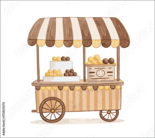 Charming vintage food cart with striped awning and treats