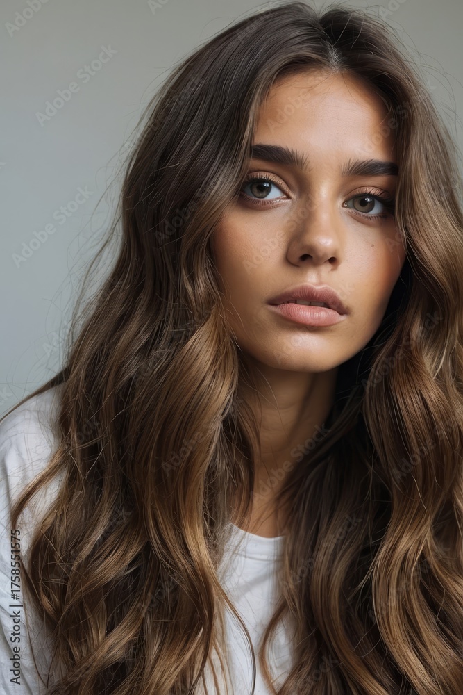 Naklejka premium Beautiful young woman with long wavy brown hair and a natural makeup look