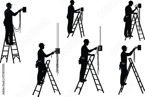 Silhouette electricians working on ladders installing electrical wiring and control panels in construction interior maintenance vector illustration, safety industry concept professional job