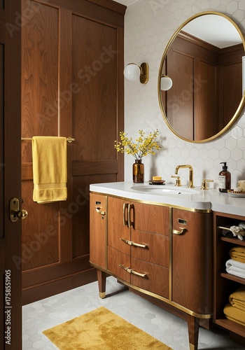 Elegant Wooden Bathroom Vanity with Gold Fixtures and Yellow Decor in Modern Interior