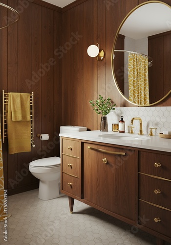 Modern Bathroom Vanity with Wooden Cabinets and Gold Fixtures in Cozy Home Setting