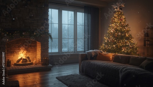 Cozy Christmas scene with a fireplace, decorated tree, and snowy window view