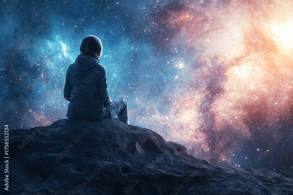 Obraz premium Astronaut gazing at the cosmos from a rocky asteroid during a serene night in space