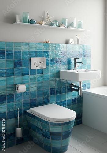 Modern Bathroom with Blue Tile Wall and Compact White Fixtures in Natural Light