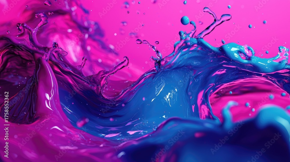 Fototapeta premium Vibrant Pink and Blue Liquid Splash with Water Drops and Motion Effects