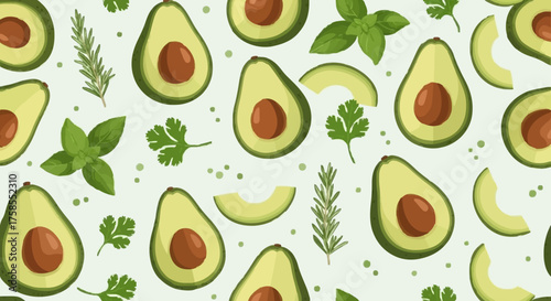 Seamless pattern of avocado halves with herbs on a light green background, creating a fresh and healthy food design.