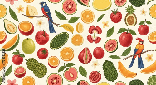 Vibrant seamless pattern featuring a variety of exotic tropical fruits, colorful birds, and delicate flowers.