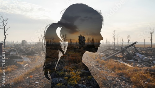 Silhouette of a woman overlaid on a post-apocalyptic landscape at sunset