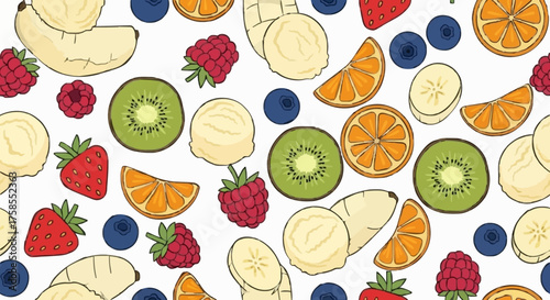 A vibrant and colorful illustration featuring a delightful assortment of fresh fruits, including bananas, strawberries, raspberries, blueberries, oranges, and kiwis, arranged in a playful pattern.