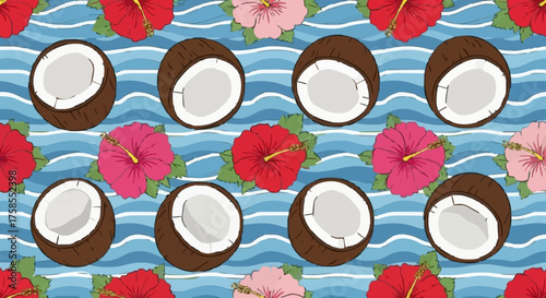 A vibrant tropical pattern featuring halved coconuts and colorful hibiscus flowers on a blue wavy background.
