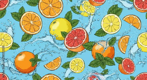 Illustration of citrus fruits, including oranges, lemons, and grapefruits, with water splashes and mint leaves on a blue background.