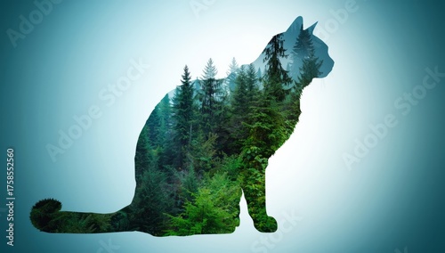 Cat silhouette with forest trees inside, nature and animal concept art