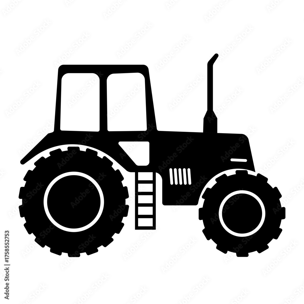 Obraz premium Classic Farm Tractor Silhouette Vector Illustration. Perfect for logos, agriculture infographics, stickers or educational materials, farm, machinery and countryside themed projects.