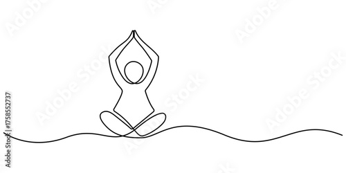 Continuous one line drawing of Woman sitting in lotus pose yoga vector illustration. Simple line drawing of person in lotus yoga pose. Editable outline