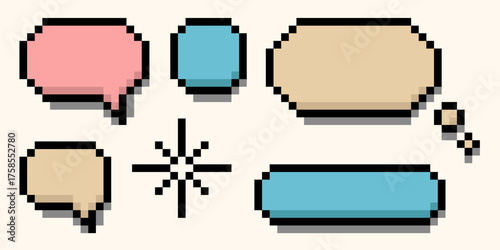 Set of cute pastel pixel bubbles with text and thinking frames. 8 bit retro style dialogue boxes, cartoon message clouds for mobile app, vintage game interface or digital design use.