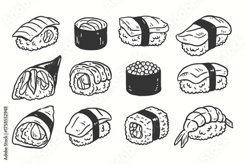 Hand-drawn sushi illustration set featuring various Japanese rolls, ideal for restaurant branding, menu, or culinary design.