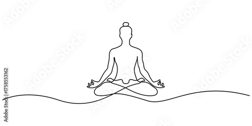 Continuous one line drawing of Woman sitting in lotus pose yoga vector illustration. Simple line drawing of person in lotus yoga pose. Editable outline