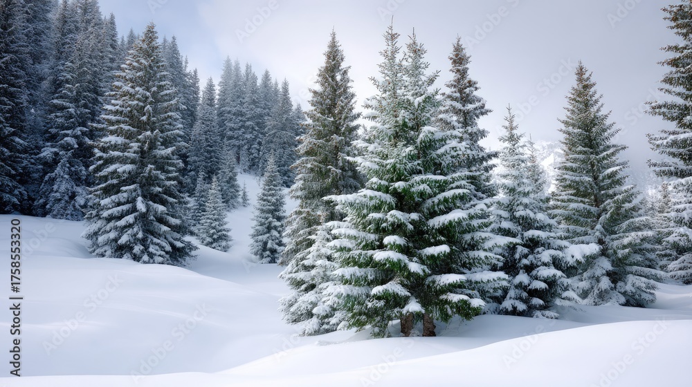 Naklejka premium Winter Wonderland Landscape with Snow-Covered Trees in a Peaceful Forest Setting