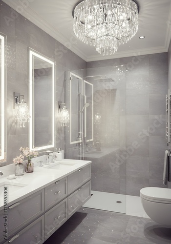 Elegant Modern Bathroom with Large Shower Enclosure and Crystal Chandelier