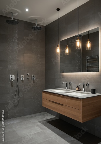 Modern Minimalist Bathroom with Dual Showers and Wooden Vanity with Backlit Mirror