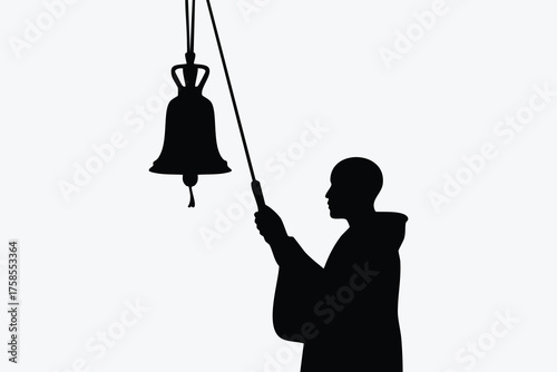 Silhouette of a monk ringing a bell isolated on white background
