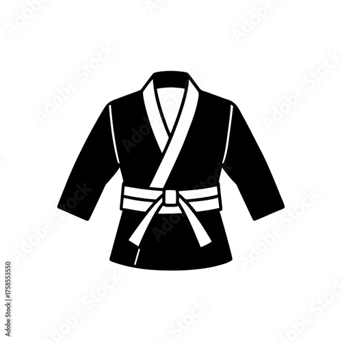 Black karate gi with white belt tied on transparent background silhouette