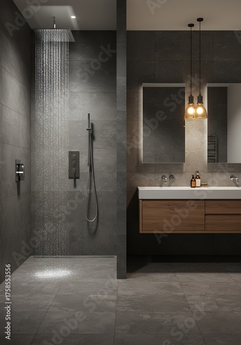 Modern Gray Bathroom Shower Area with Wooden Vanity and Pendant Lighting