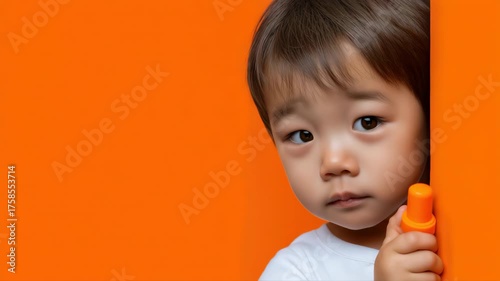 Curious toddler holding orange marker expressing various emotions against bright background